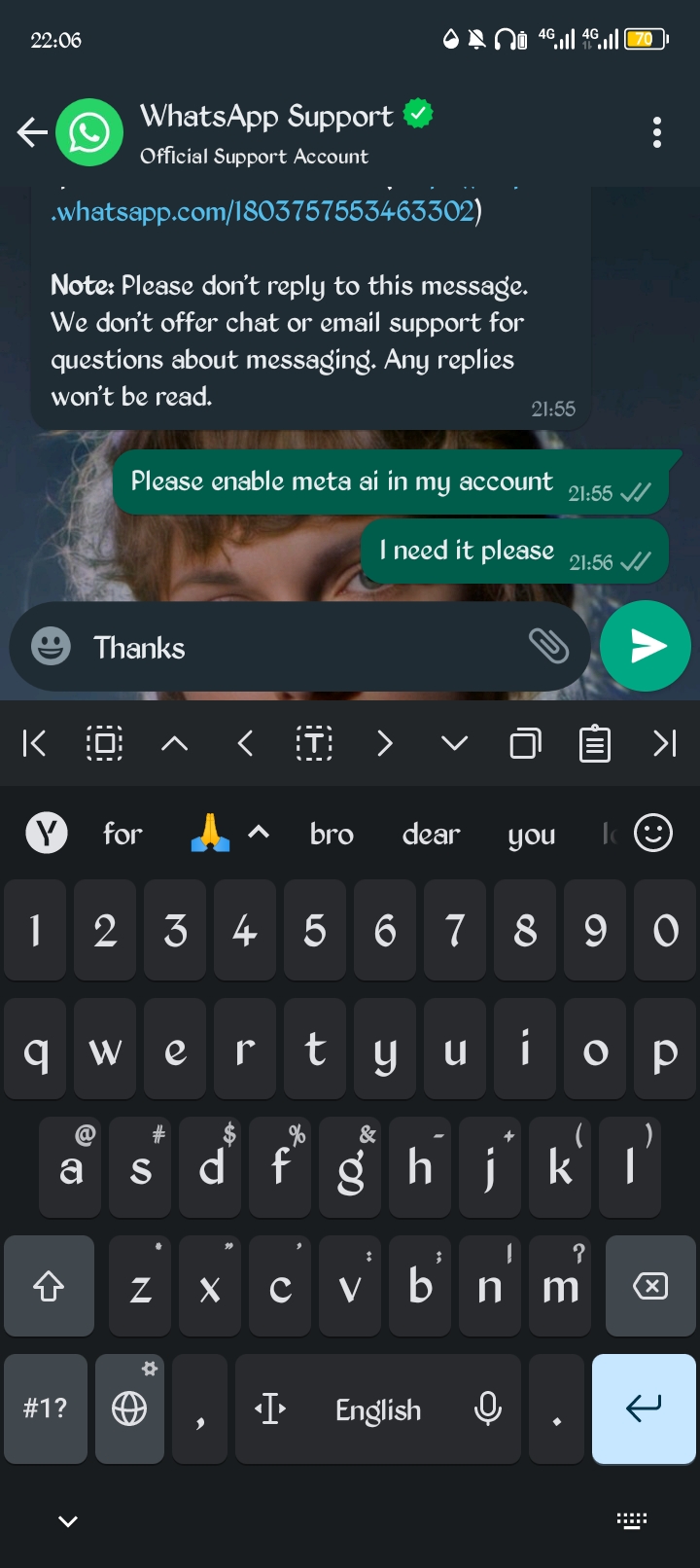 Asking WhatsApp support to enable meta ai