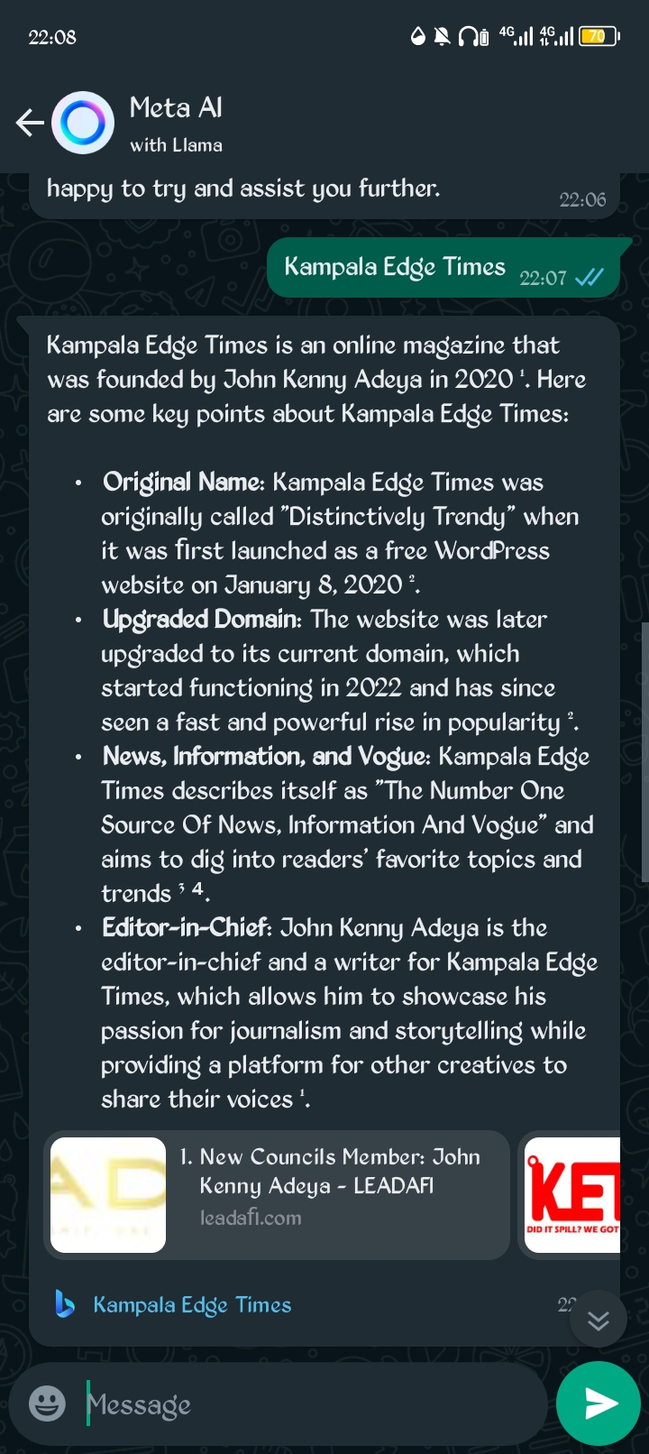 Asked meta ai for WhatsApp about Kampala Edge Times screenshot