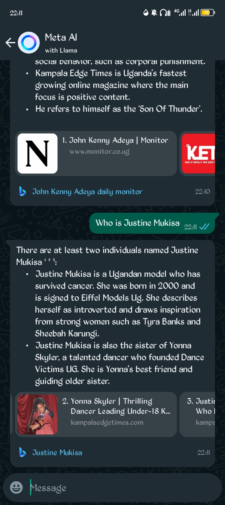 Asked meta ai for WhatsApp about Justine Mukisa